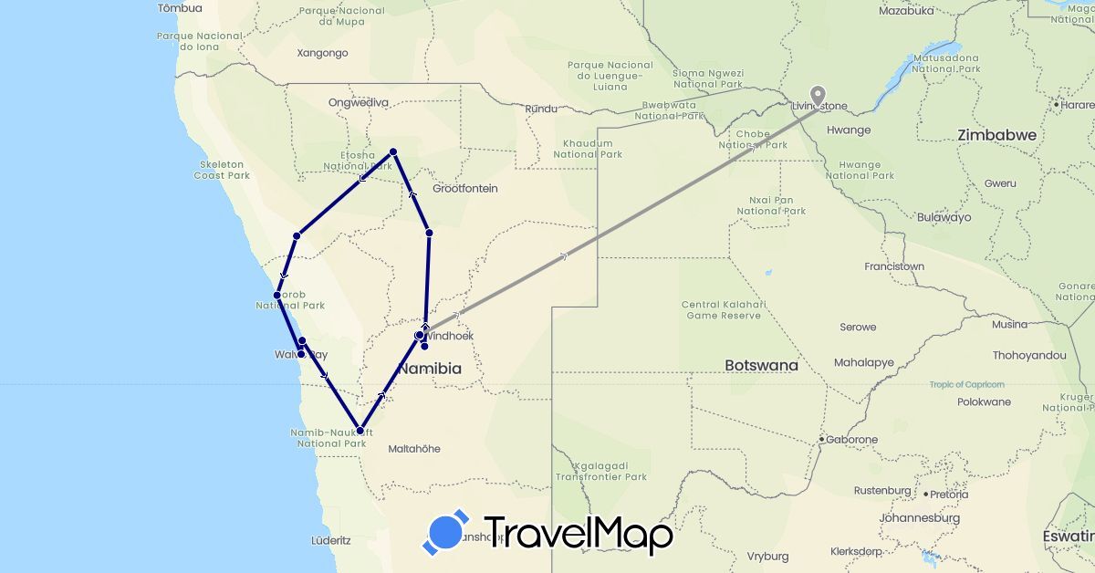 TravelMap itinerary: driving, plane in Namibia, Zimbabwe (Africa)